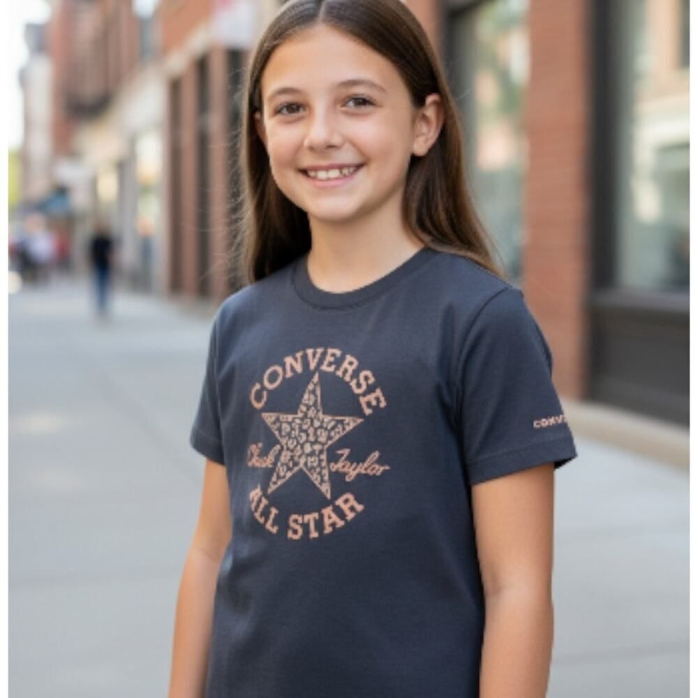 Converse Girls Navy Blue Short Sleeve T-Shirt w/PinkConverse Logo - Size M